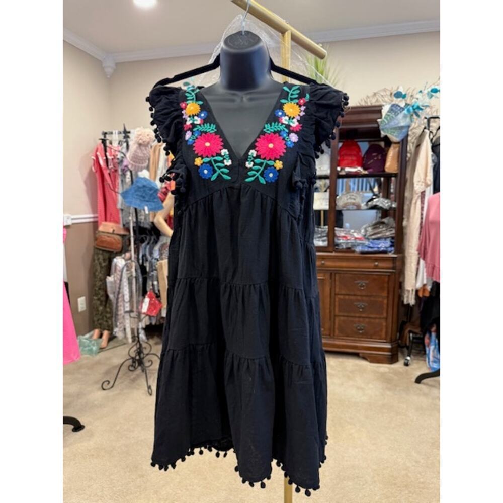 UMGEE - Embroidery Pom Pom Trim Ruffle Hem Dress - Small - Picture 9 of 9